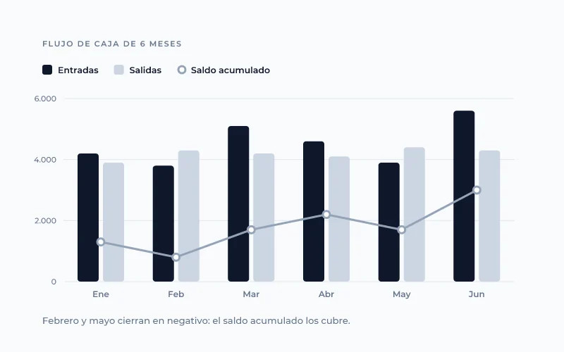 Gráfico de flujo de caja de 6 meses con entradas, salidas y saldo acumulado