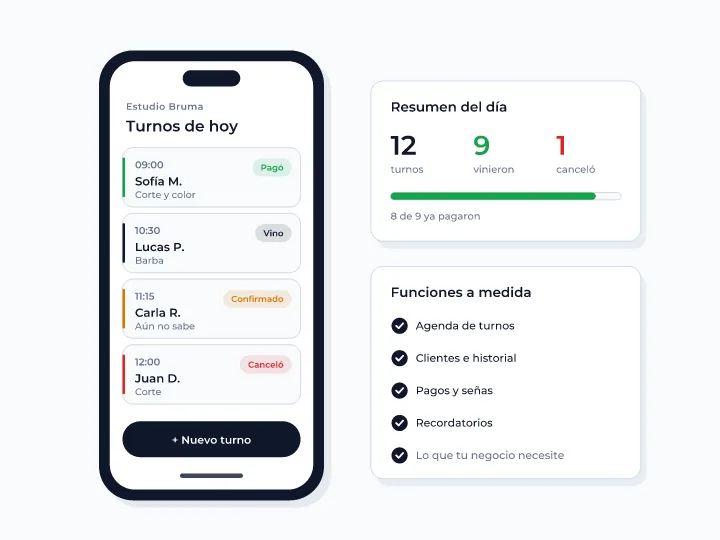 Ejemplo de micro app para una peluquería: turnos del día con quién vino, quién canceló y quién pagó