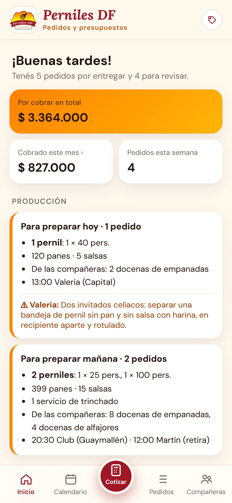Pantalla de inicio de la app de Perniles DF con pedidos, cobros y producción del día