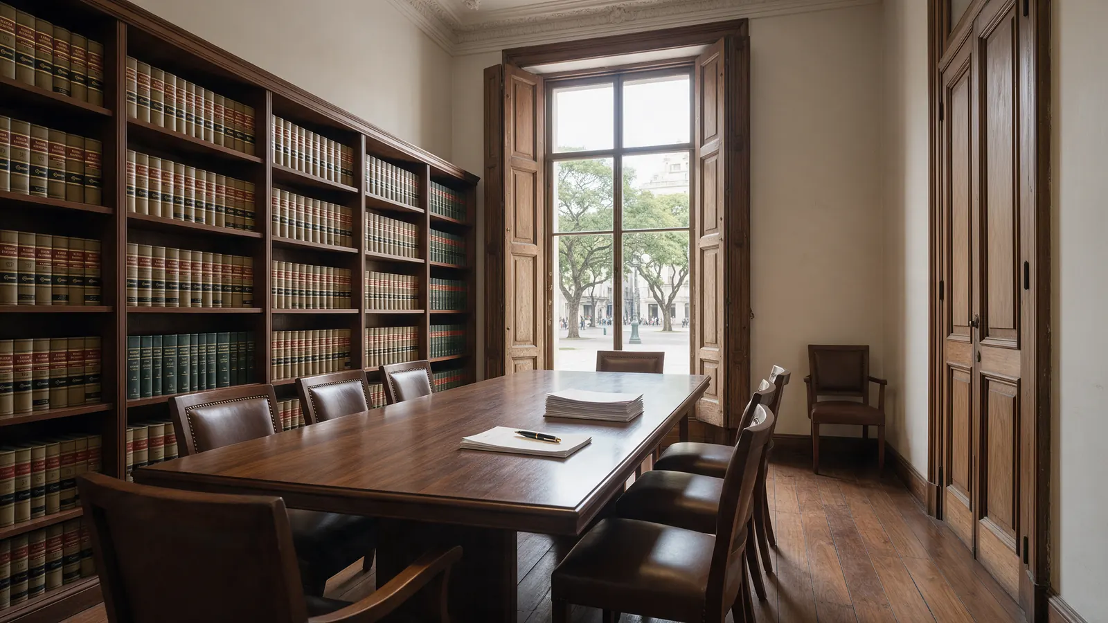 La sala de reuniones del estudio, con biblioteca y vista a la plaza