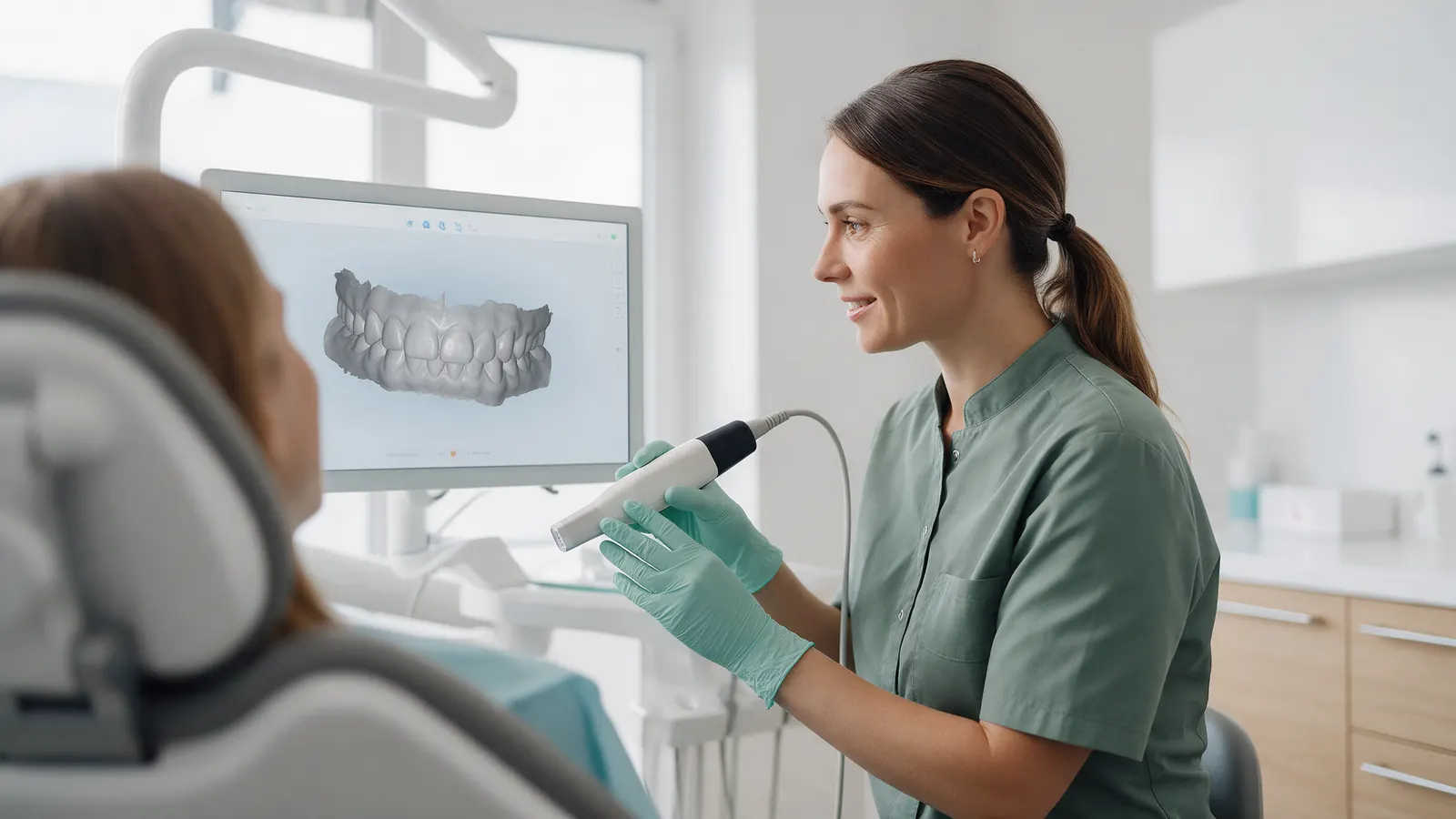 Una odontóloga usa el escáner intraoral y ve el modelo 3D en la pantalla