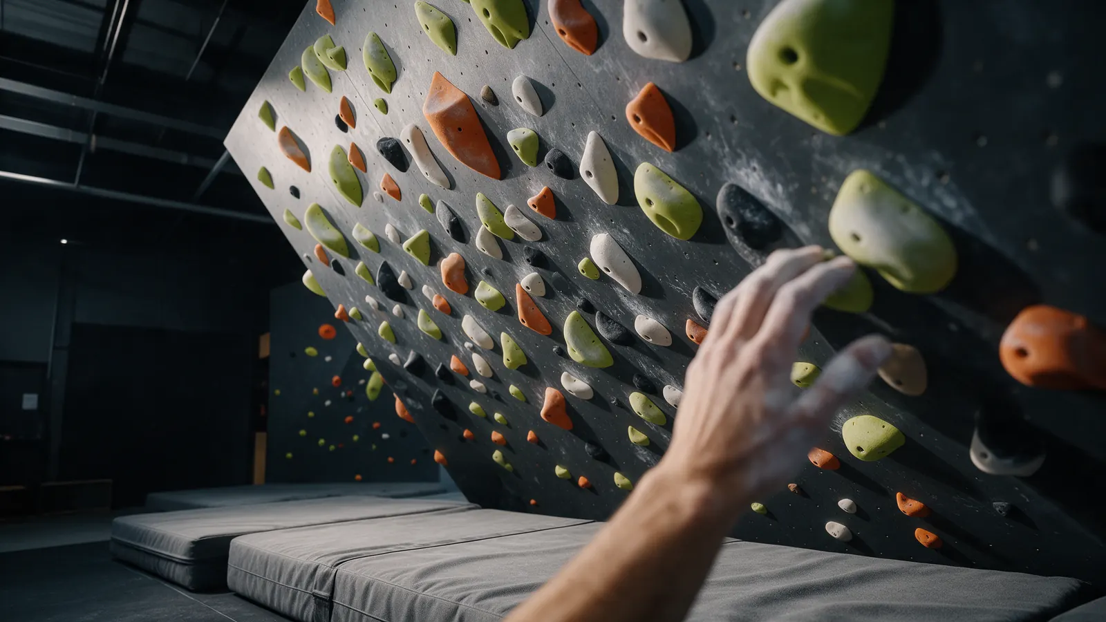 Muro de escalada de bloque con presas de colores
