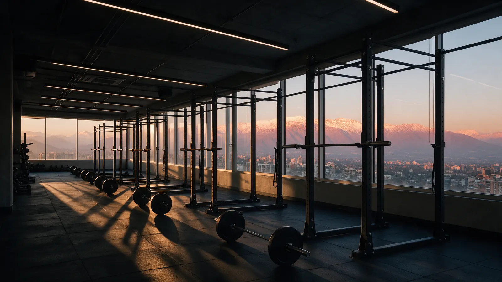 Sala de entrenamiento con ventanales y la cordillera nevada al amanecer