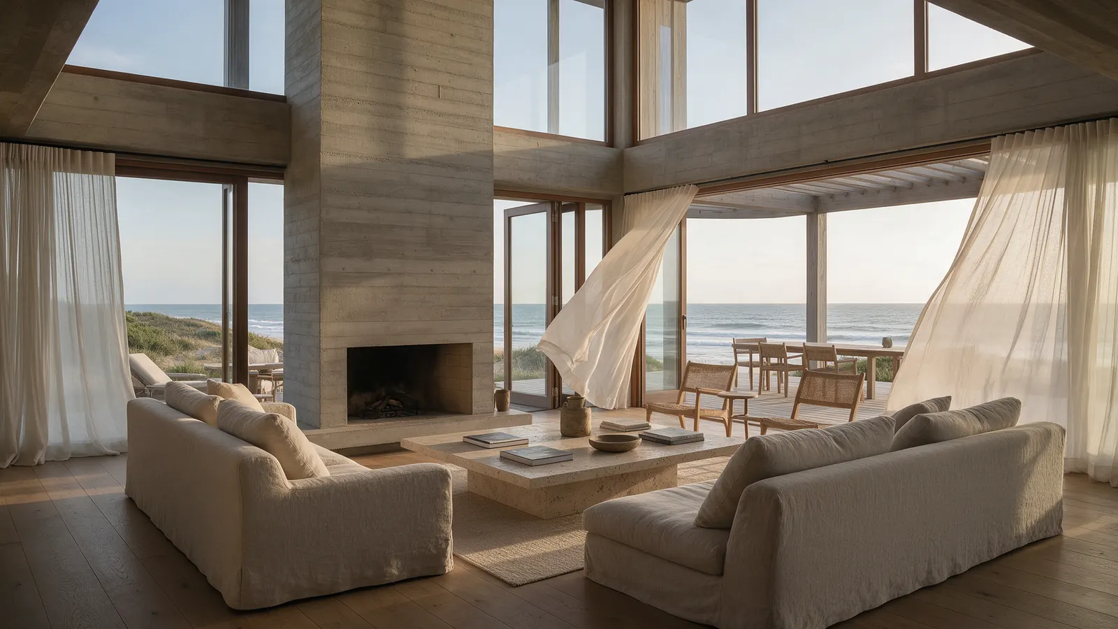 Living con ventanales y vista al mar