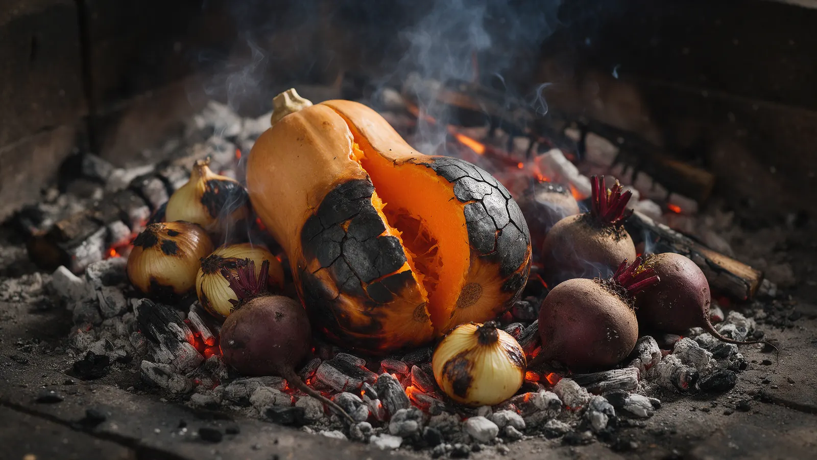 Verduras enteras asadas entre las cenizas