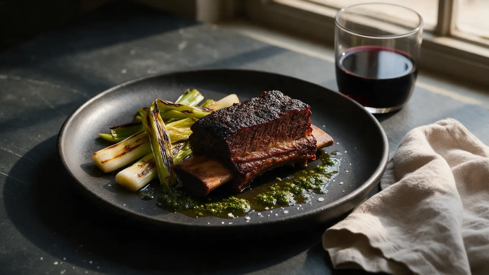 Asado de tira emplatado con puerros quemados y chimichurri