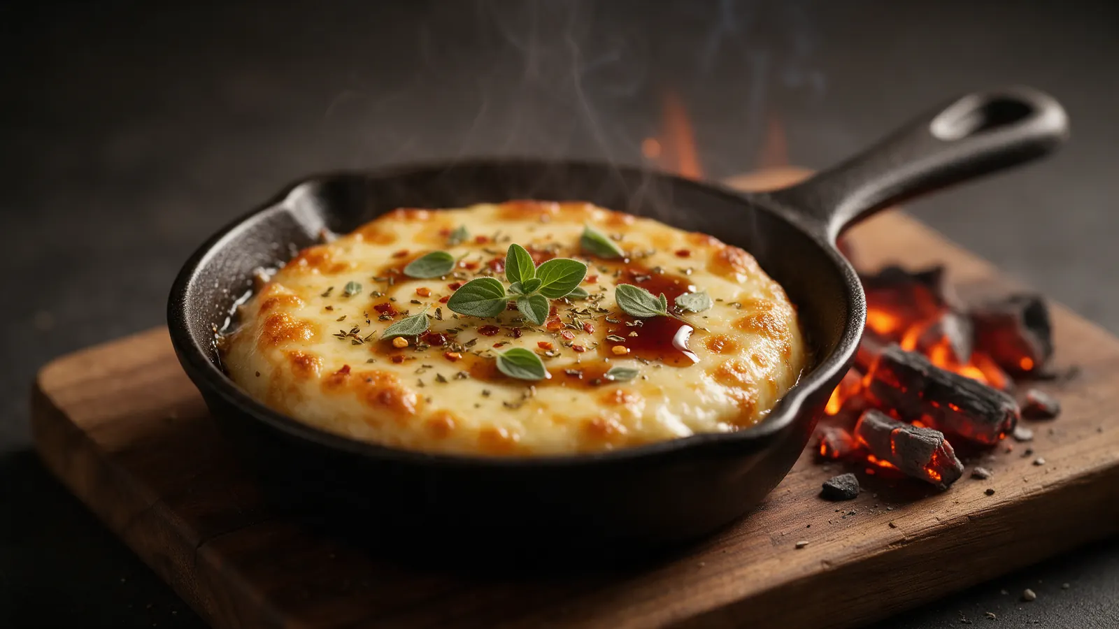 Provoleta dorada en sartén de hierro, con orégano fresco