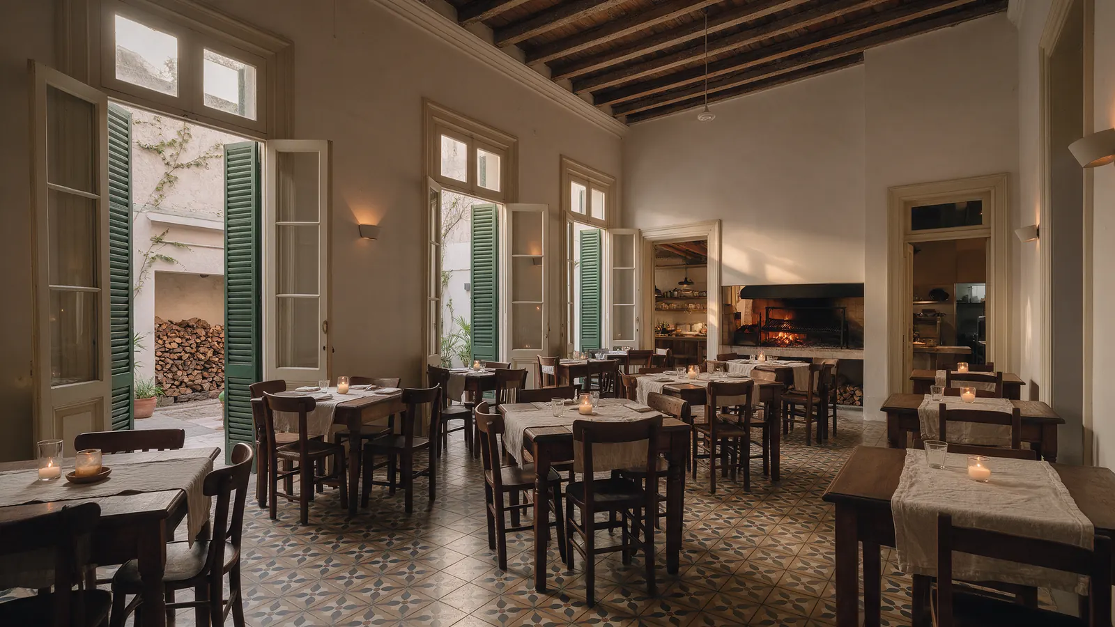 El salón de la casona, con techos altos y mosaicos calcáreos