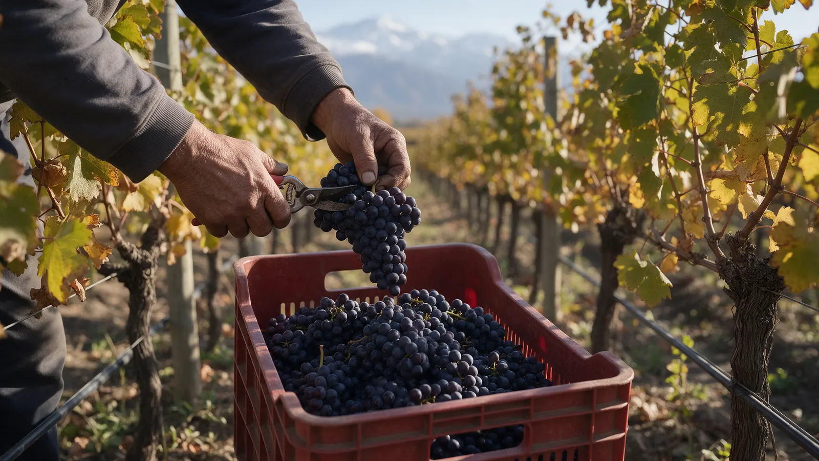 Manos cortando un racimo de malbec durante la vendimia